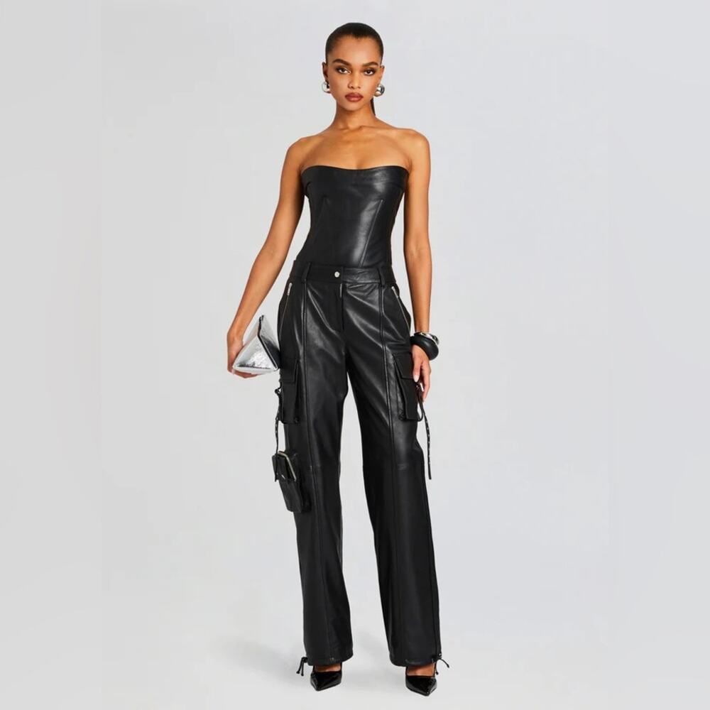 NEW Retrofête Honey Leather Pant Womens XS Black Chic Loose Fit Cargo Pockets